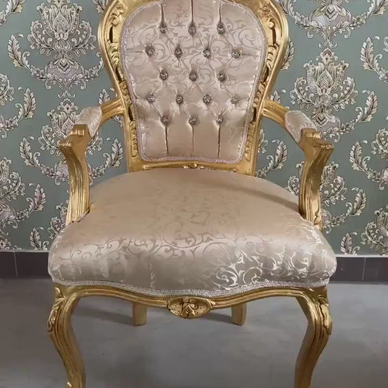 Beige Floral French Baroque Armchair: Gold Finish Louis XV Style