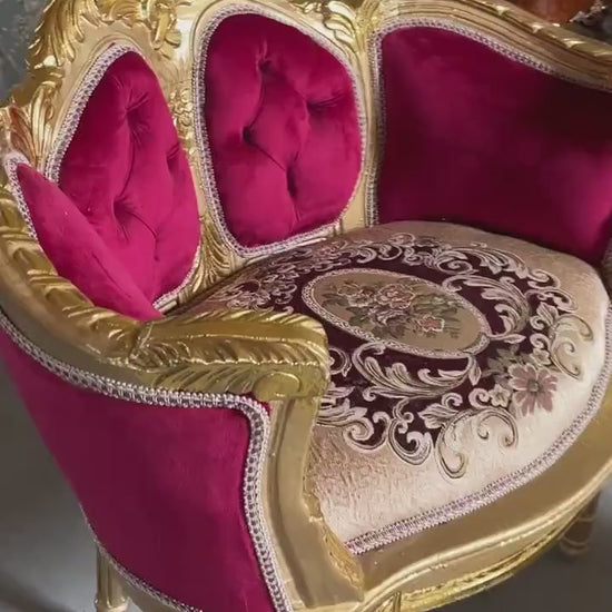 Lounge Sofa Set Antique Baroque Rococo Style in Xmas Red Velvet & Deluxe Red Damask Sofa Set in Retro Royal Style for Home Xmas Decor