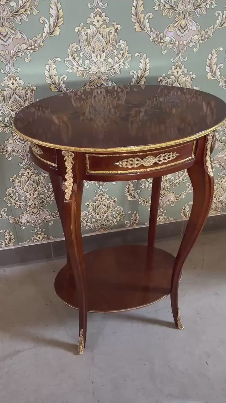 French Antique Style Oval Side Table: Handcrafted Beech Wood