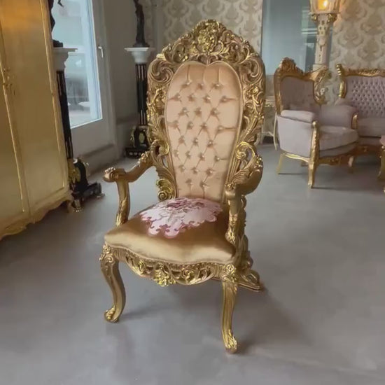 Throne Italian Baroque Rococo Style Armchair in Gold Finish Good for Wedding or Event Decoration