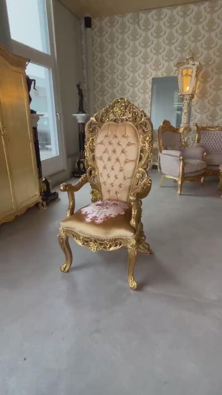 Throne Italian Baroque Rococo Style Armchair in Gold Finish Good for Wedding or Event Decoration