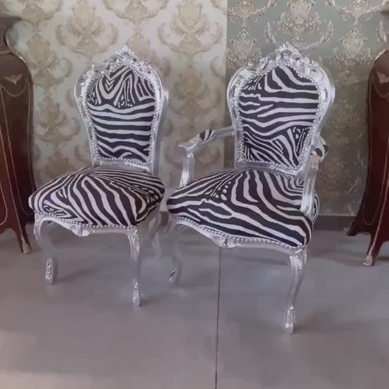 Handmade French Louis XV Zebra Print Chair: Silver Baroque Accent Chair