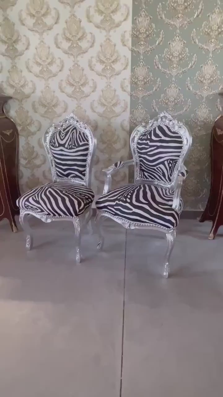 Handmade French Louis XV Zebra Print Chair: Silver Baroque Accent Chair