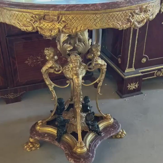 Round Table Royal Antique Style Purple Red Marble Bronze Statue Table Retro Baroque Style Noble  Decor Table for Commercial Decoration