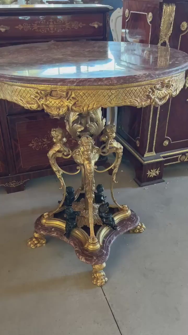 Round Table Royal Antique Style Purple Red Marble Bronze Statue Table Retro Baroque Style Noble  Decor Table for Commercial Decoration