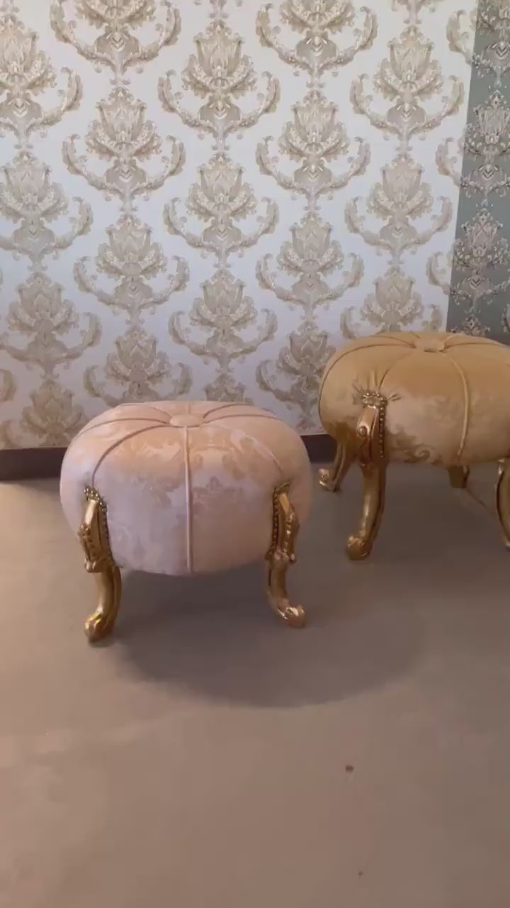 French Baroque Footstool: Gold Foil Finish, Jacquard Fabric