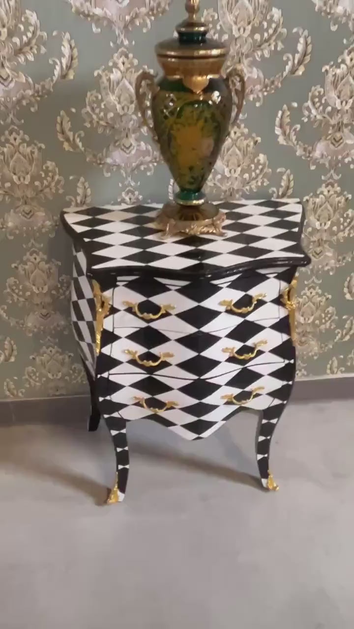 Rococo Black Diamond Print Nightstand Hand-Carved Luxury Bedroom Accent Table