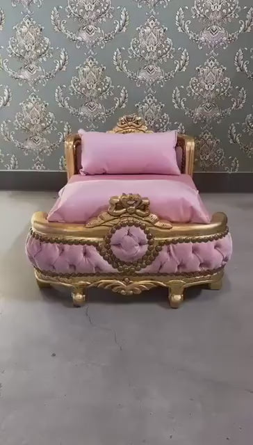 Pet Bed French Louis Baroque Style Handmade Small Dog Bed Cat Bed Velvet Blue Velvet Pink in Gold Finish for Happy Pet Decor